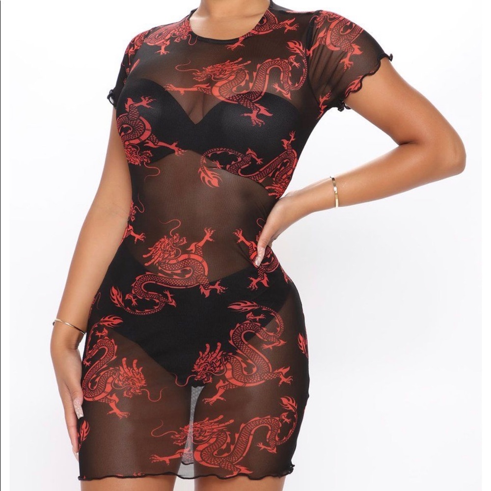 Baddest Behavior Mesh Mini Red and Black Dragon dress super cute cover up ❤️🖤